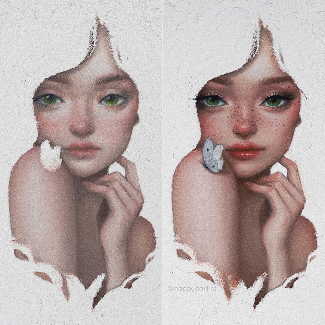 The difference one layer can make! 💕 Lately I've been trying to simplify my oil painting process as much as possible - fewer layers, no mediums, and a VERY limited color palette... In fact, this piece was made using only TWO colors (plus black and w
