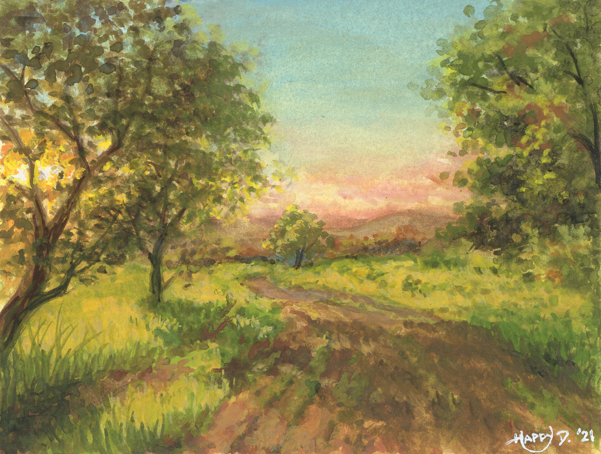 "sunset path" gouache on paper - 3.75x5in