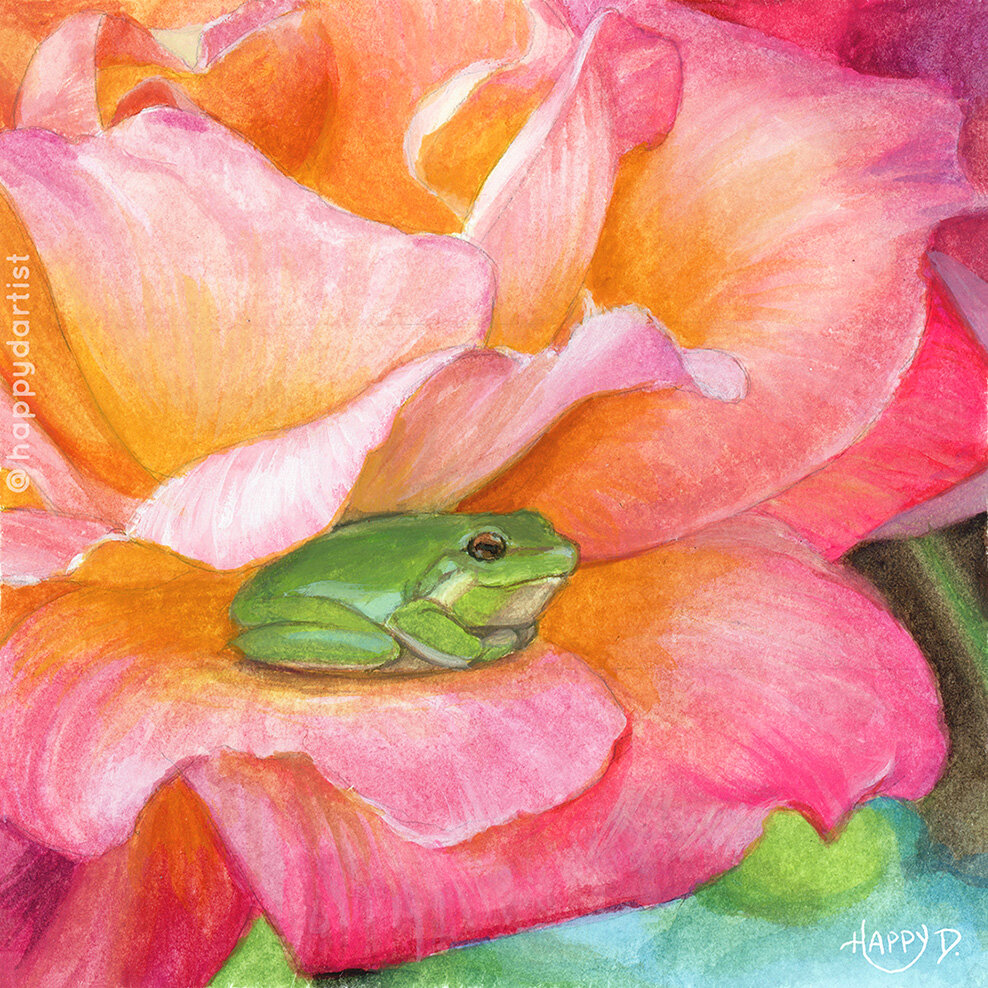 "the frog and the flower" gouache on paper - 5x5in