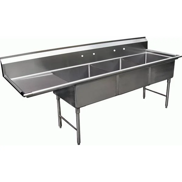 Three Tub Sink 15" x 15" Left Side Drain Board SE15153L