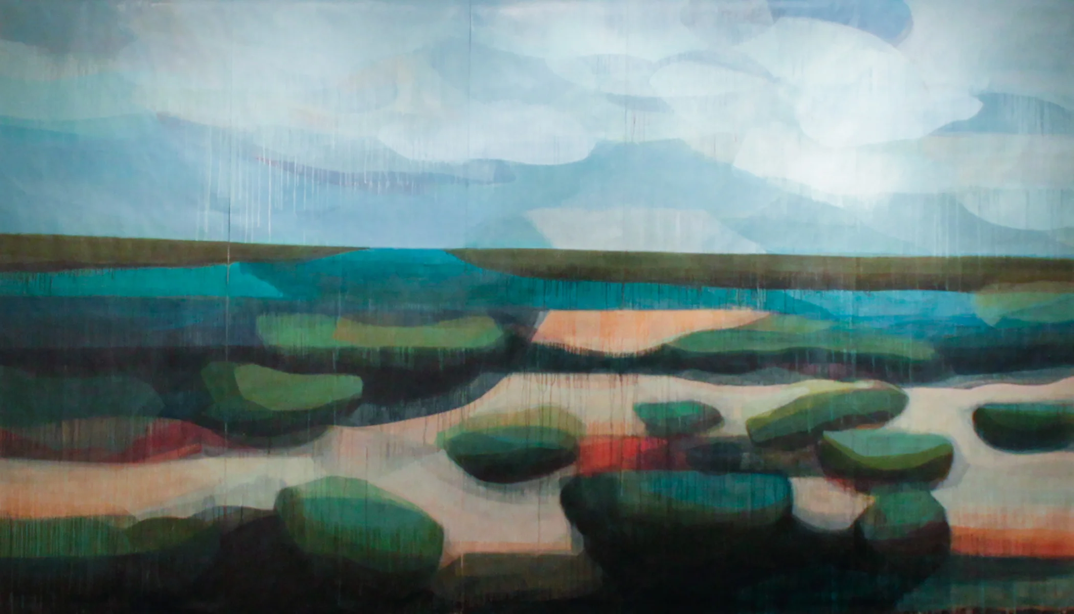 (color fields) water's edge, 8' x 12', water-based media on paper, 2015