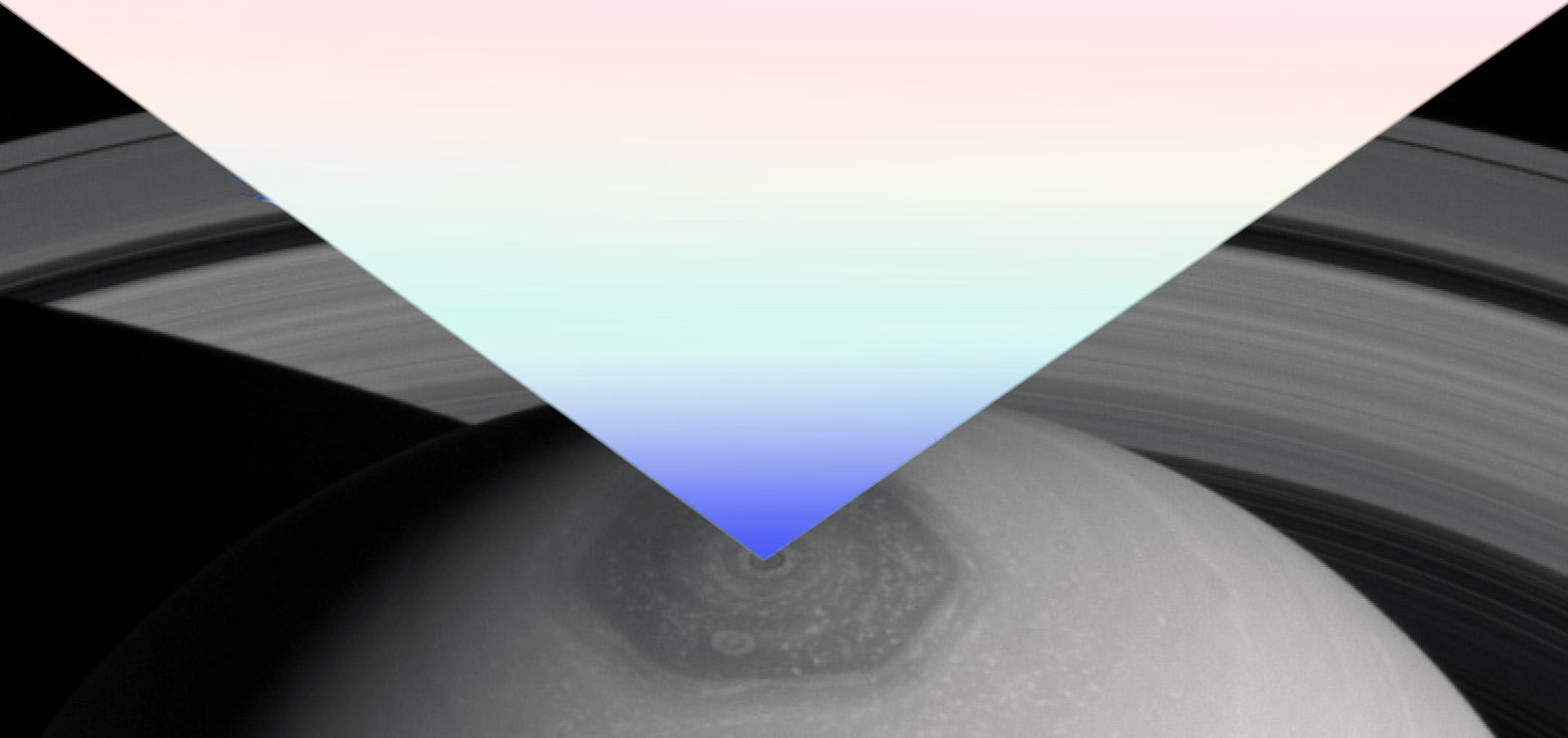Hyperdimensional hexagon above North Pole of Saturn spans 5 Earth diameters across — an emanation of the vertices of an internal Star Tetrahedron.