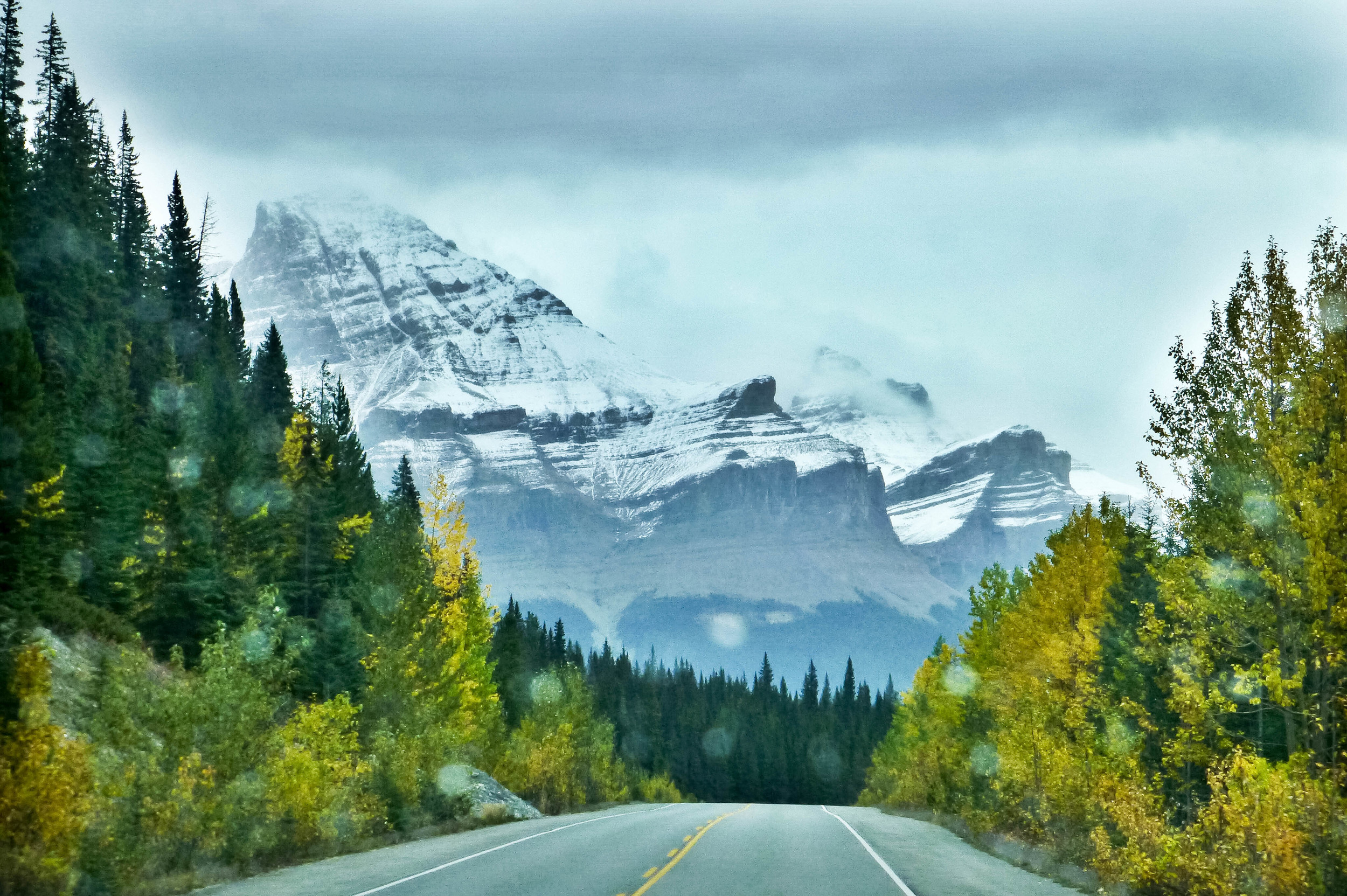 Icefields Parkway through the rainy windshield
