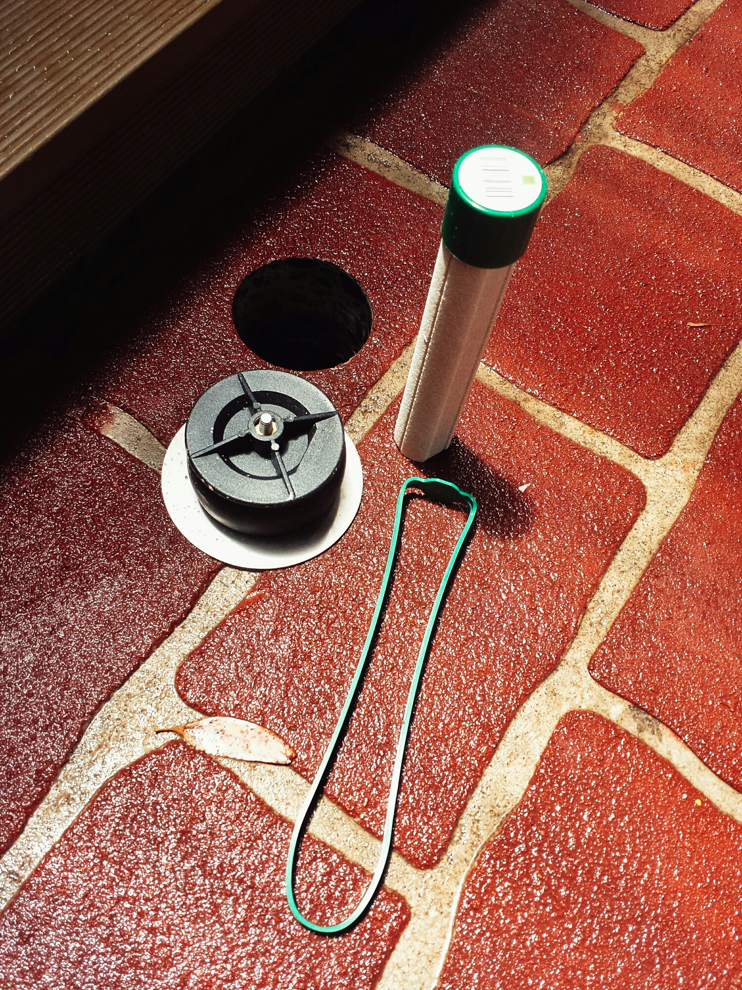 A Sentricon Always active bait rod, along with it's built in extraction plastic ring thingy and a stainless steel cap.