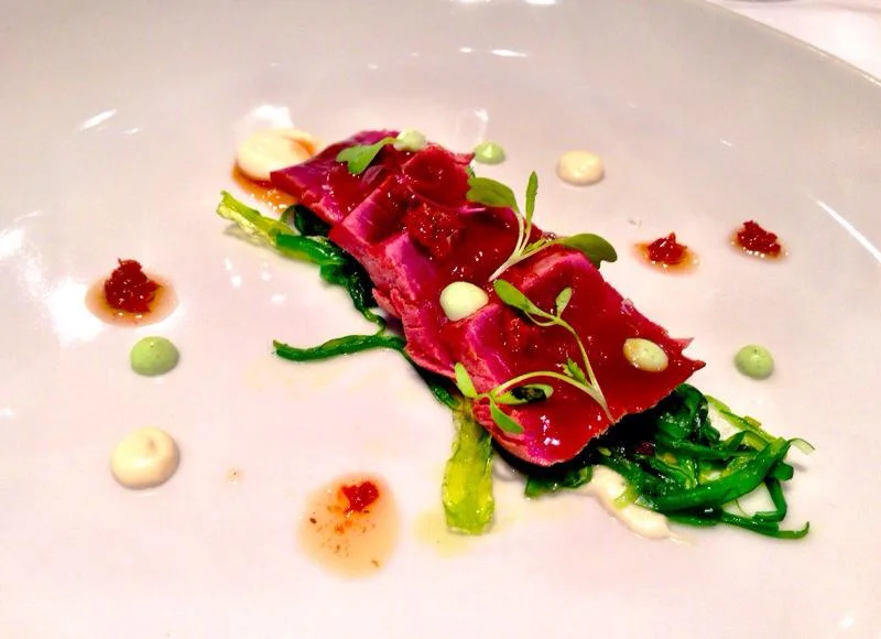 Ahi with wakame, dried tomato tapenade, and ajo blanco at Casa Pedro in Zaragoza