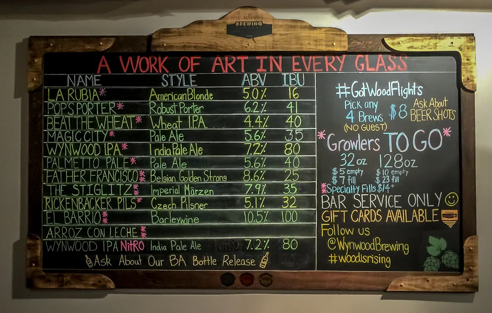 The beer menu at Wynwood Brewing on Christmas Eve