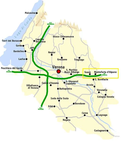 The soave Classico production zone in the yellow box east of the city of Verona (photo Licensed under CC BY-SA 3.0 via Commons )