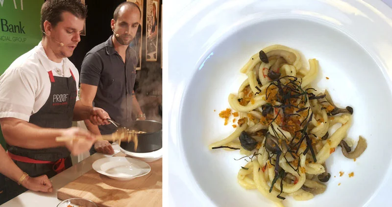 Chefs Justin Flit (l) and Brian Nasajon (r) and their gemelli with hon shimeji mushrooms (Photo: VeritageMiami)