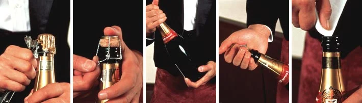 A few easy steps to remove the cork from a bottle of sparkling wine (in this case, Champagne). Photo: Comité Champagne