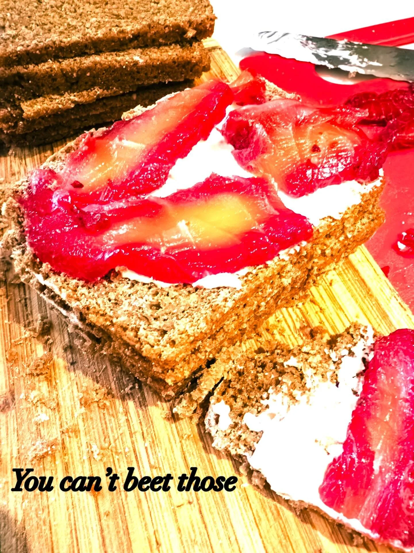 An afternoon snack - beet-cured salmon on homemade pumpernickel with horseradish-cr&egrave;me fra&icirc;che