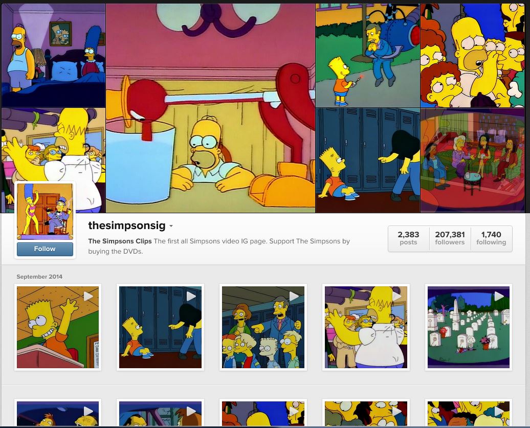 The Simpsons Instagram Page dedicated to Simpsons video clips