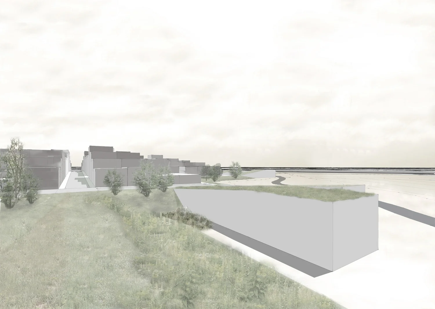 Low level structures set on piles have the ability to rise and fall with the fluctuating water levels of the lake system, creating a riparian urban landscape.