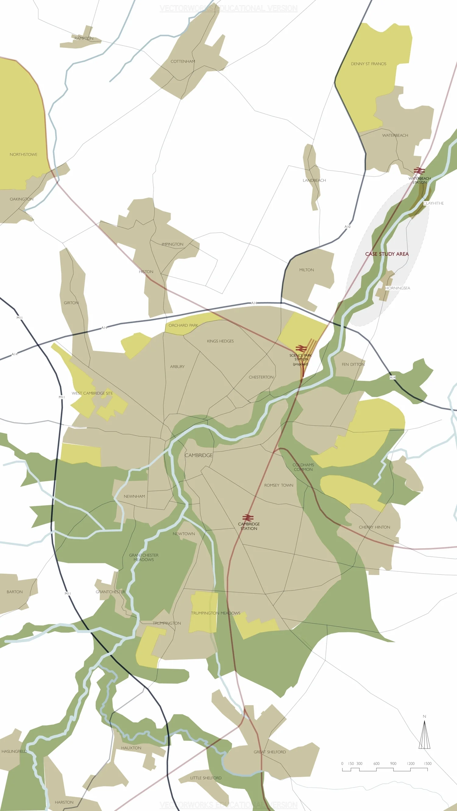 Land use around Cambridge proves the hard edge created between urban and agricultural land, brought about in part, by the green belt