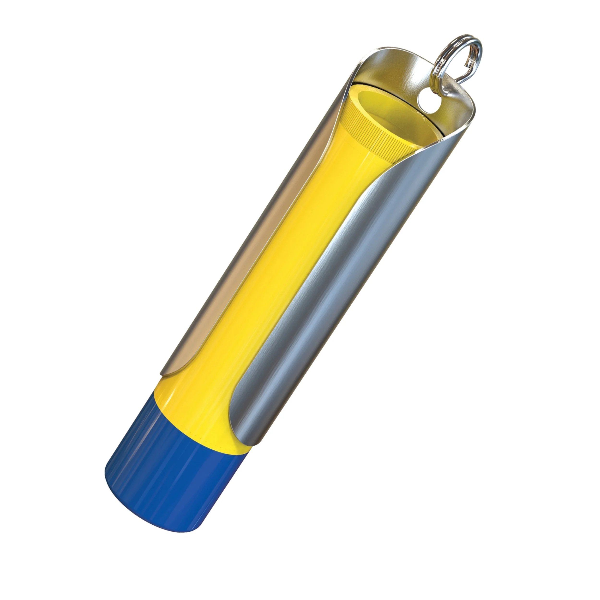 Tallac House Lip Balm hero shot with lip balm in the hold. Yellow body blue cap.
