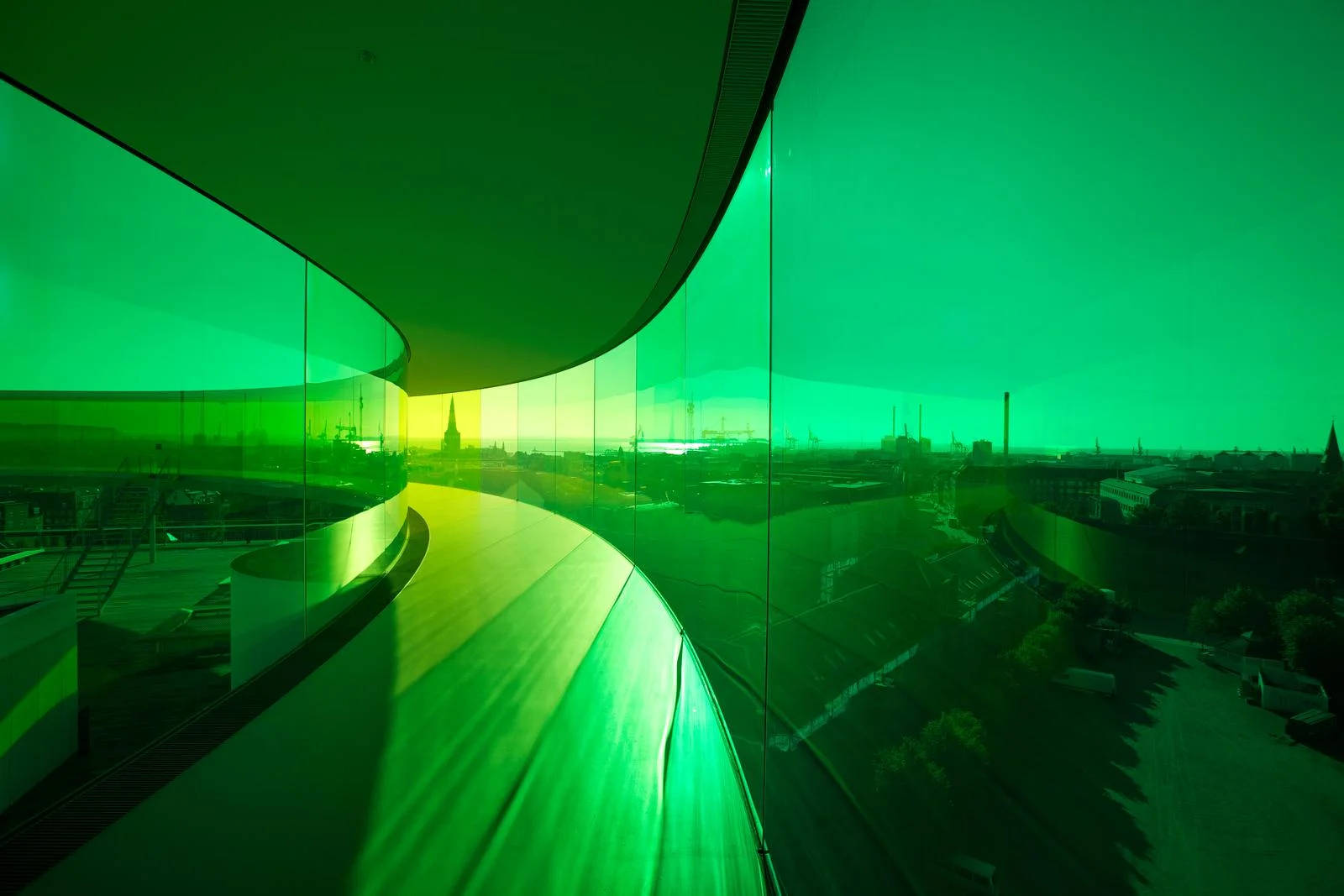 Olafur Eliasson; Your rainbow panorama, 2006-2011; Installation view: ARoS Aarhus Kunstmuseum, Denmark, 2011; Photo: Thilo Frank / Studio Olafur Eliasson / Courtesy: AaRos Aarhus Kunstmueseum © 2006-2011 Olafur Eliasson