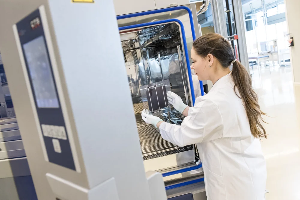 Oxford PV 156 mm x 156 mm perovskite-silicon tandem solar cells at the company’s industrial pilot line in Brandenburg an der Havel, Germany