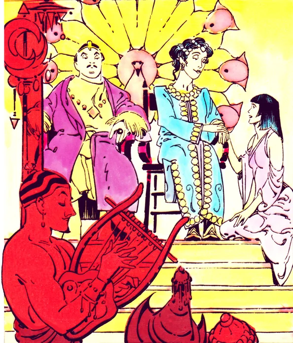   Princess Salome attends a celebration at the palace along with her mother Herodias and stepfather Herod. She is a virginal sixteen year old girl not yet corrupted by the political and religious intrigue of the Judean province.  