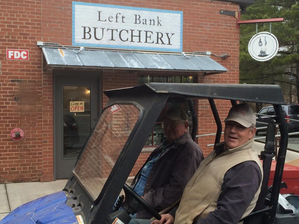 Here's Doc and Howard of Braeburn Farm , picking up some meat in their farm "truck"