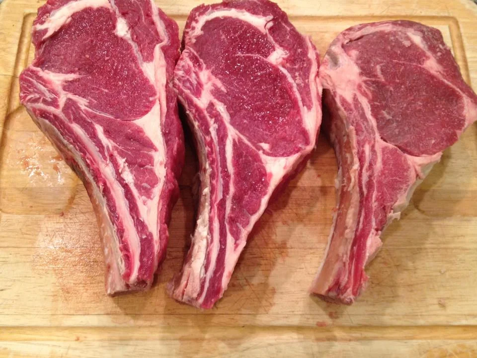 Beautiful bone-in, grass fed ribeye steaks from Braeburn Farm's New Zealand Red Devon cattle. 