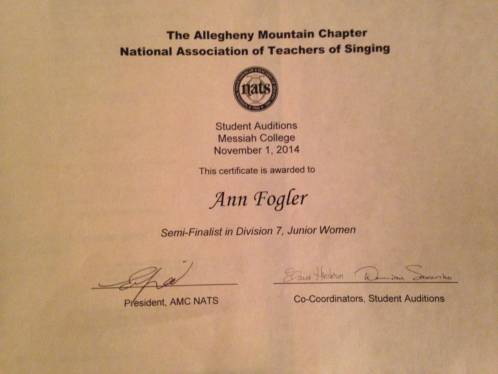 The certificate Ann received after the competition. 