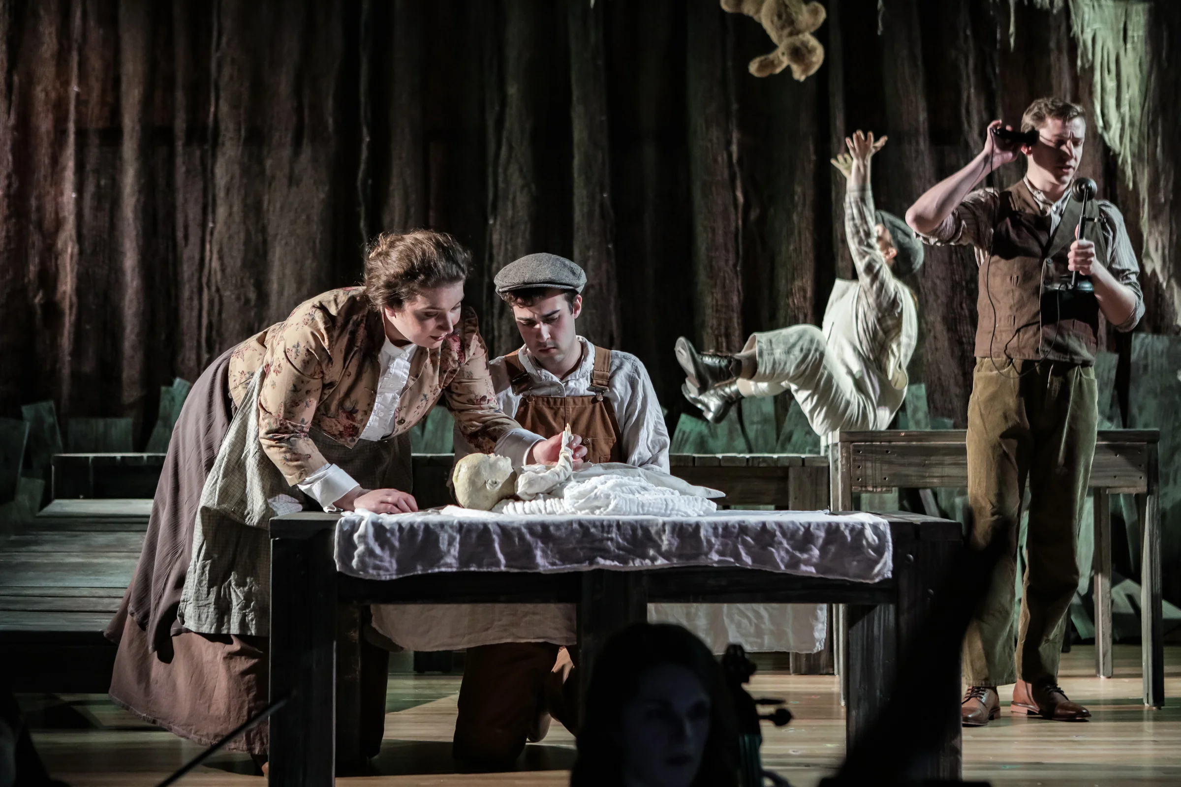 Ann Fogler as Brother, Emily Harmon as Auntie, Scott Ballantine as Father, and Lucas Coura as Doodle in The Scarlet Ibis . Boston Opera Collaborative; January 2019. Photo Credit: Dan Busler