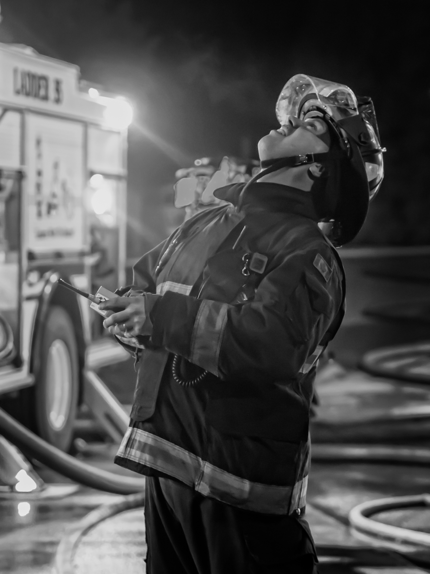Captain Stevens operating Ladder 35's 65' aerial