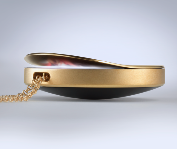 Beyond the bling and the ping Purple is jewelry first, technology second. From the curved lid of the locket to the unique chain hook, Purple is designed to be an heirloom piece of jewelry. Timeless materials like platinum, silver, gold and even brushed brass, together with pure smooth lines make it stand out in the sea of wearable gadgets.