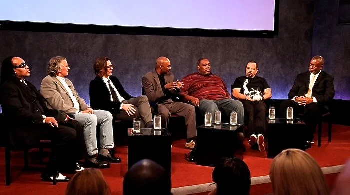 Screening and discussion of PLanet Rock at Paley Center for Media. Left to right : Grandmaster Flash, Martin Torgoff, Richard Lowe, Nelson George, Azie Faison, Ice-T, and Barry Michael Cooper