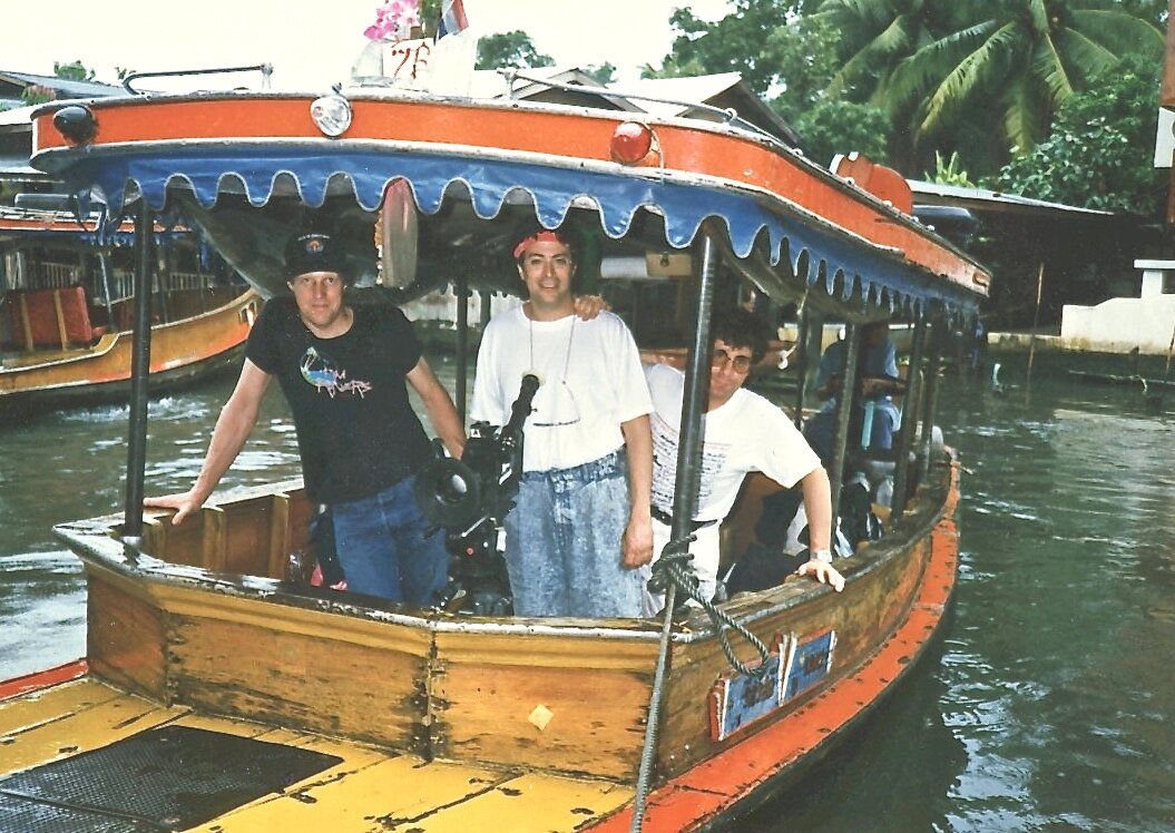 Filming on Chao Phraya River north of Bangkok for worldwide Julio Iglesias TV special, 1988.