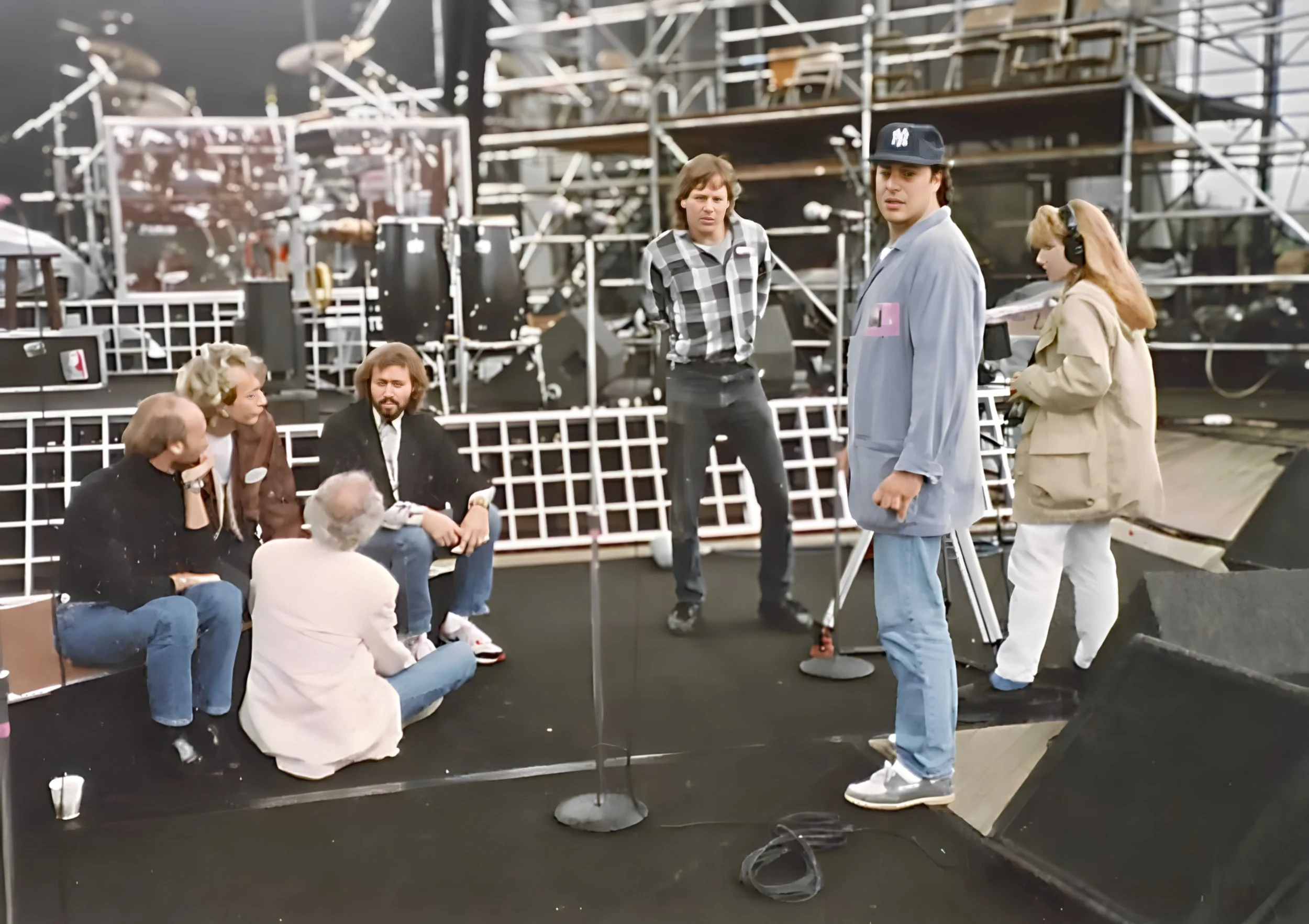 With Bee Gees and Ron Delsener, filming doc for Delsener at Jones Beach , 1989