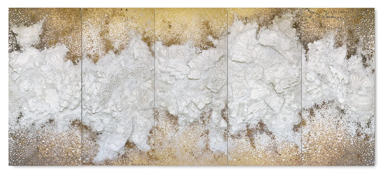 untitled - 5 panel Gold #2 - Acrylic paint, plaster, gravel and salt on wood - 188 cm x 430 cm x 10 cm - 2018