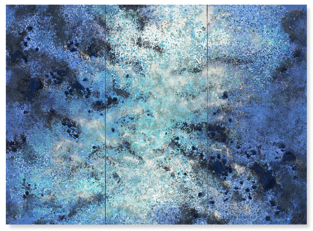 Blue and White Trio #2, 2017 - acrylic paint, Tuareg indigo, salt and gravel on wood panel - Triptych: 74.4 x 100.1 in | 189 x 256 cm