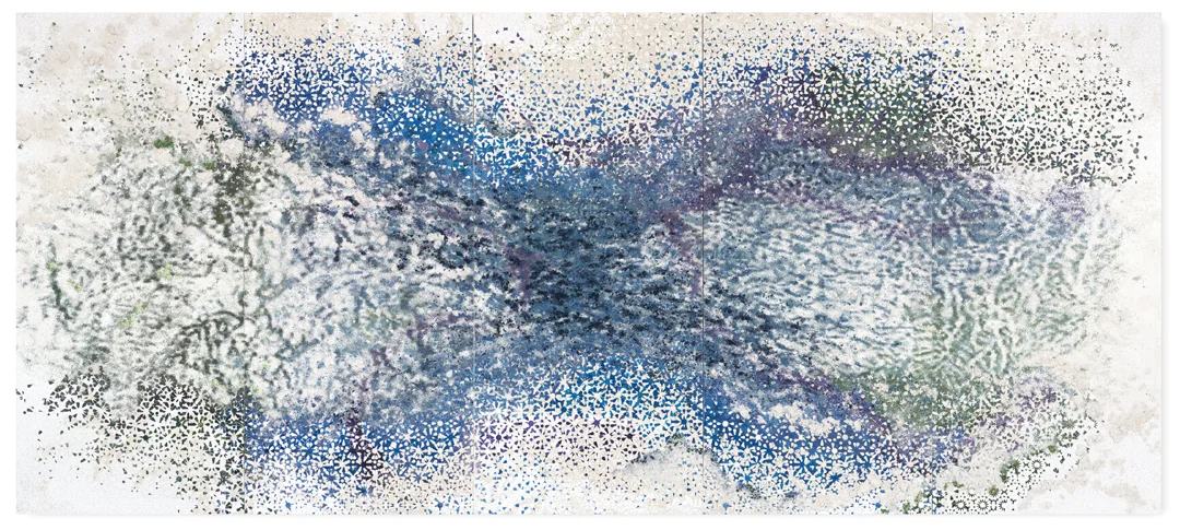 Blue, Green & Purple 5 Panel #1, 2016 - Acrylic paint, pigments, salt and gravel on wood - 190 x 435 cm - 74.8 x 171.3 in