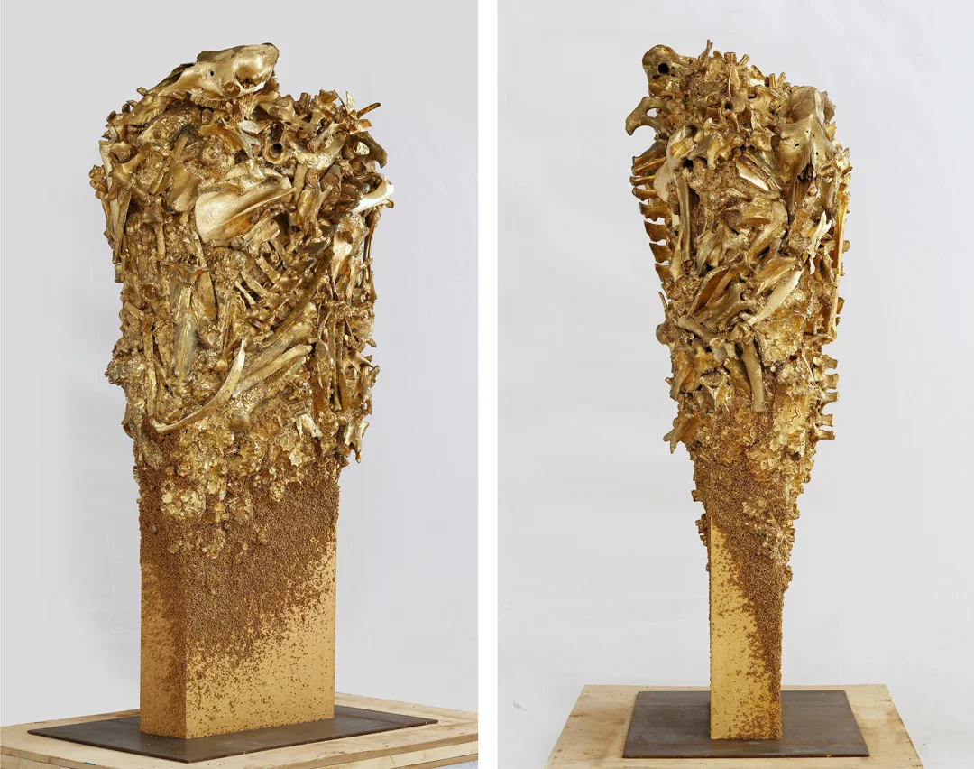 Golden Totem #1 - acrylic paint, gold leaf, camel remains and gravel on wood panel - 86.6x47.2x27.6in | 220x120x70cm - 2017