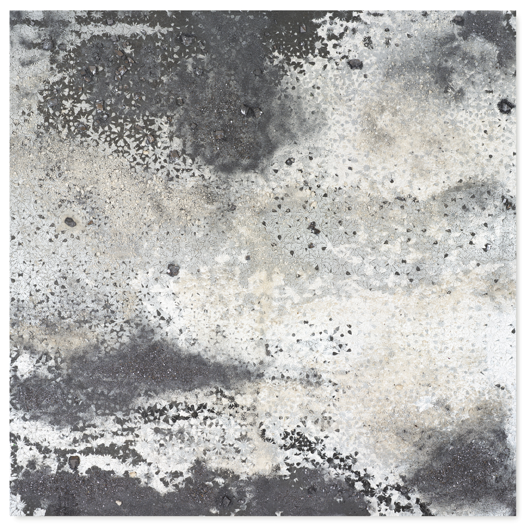 Silver Square #1, 2016 - Acrylic paint, pigments, salt, kohl minerals, ashes and gravel on wood - 158x158cm-62.2x62.2in.