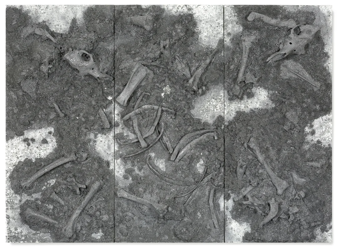 Silver Trio Kôhl #1, 2017 - kôhl, pigments and camel remains on wood panel - Triptych: 71.6 x 98 in | 182 x 249 cm