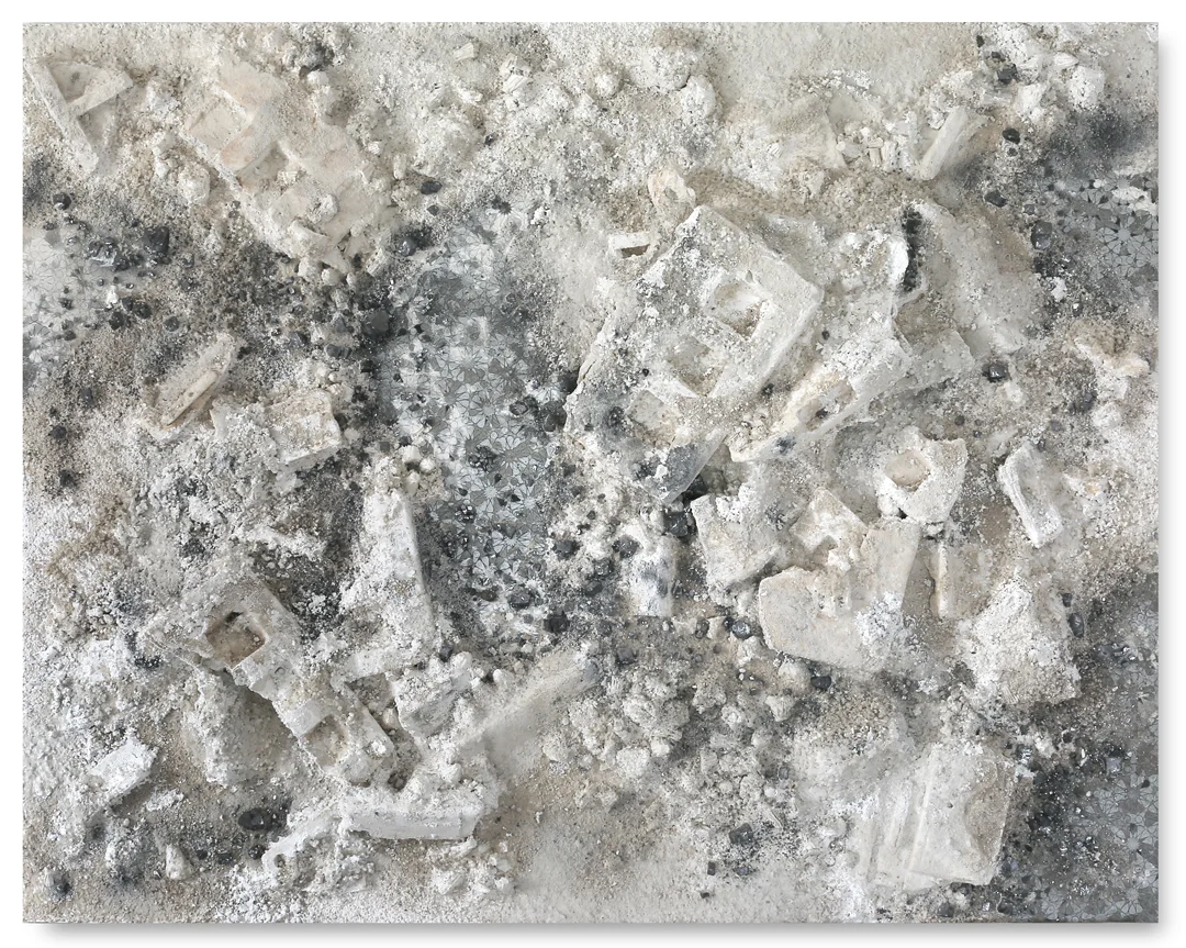 Grey White Rectangle #1, 2017 - acrylic paint, ashes, kôhl, found objects and salt on wood panel - 59.1x74.8in |150x190cm