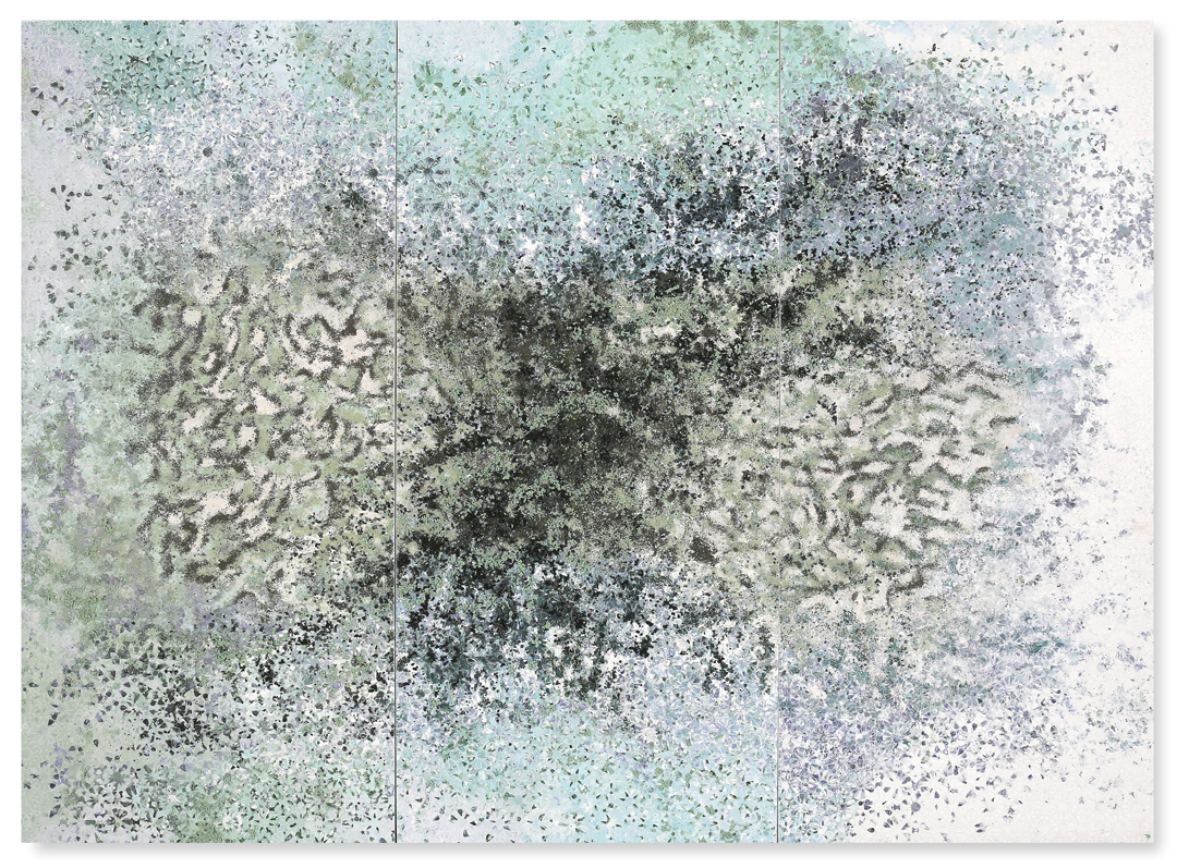 Green Trio #1, 2017 - Acrylic paint, pigments, salt and gravel on wood - 188 x 257 cm - 74 x 101.2 in