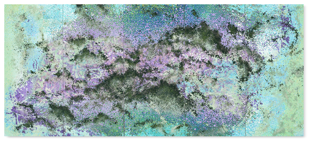Green and Purple 5 panel #1, 2017 - acrylic paint, pigments, salt and gravel on wood panel - Pentaptych: 74.8 x 171.3 in. - 190 x 435 cm