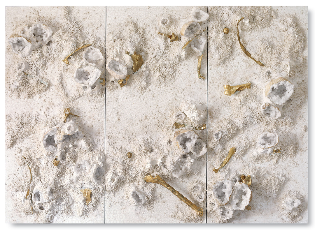 White and Gold Trio #1, 2017 - acrylic paint, gold leaf, minerals, camel remains, salt and gravel on wood panel - Triptych: 71.6 x 98 in | 182 x 249 cm