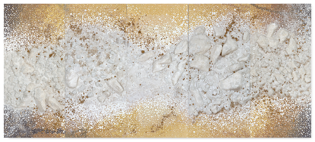 Gold 5 Panel #1, 2016 - Acrylic paint, pigments, styrofoam, salt and gravel on wood - 190 x 435 cm - 74.8 x 171.3 in.