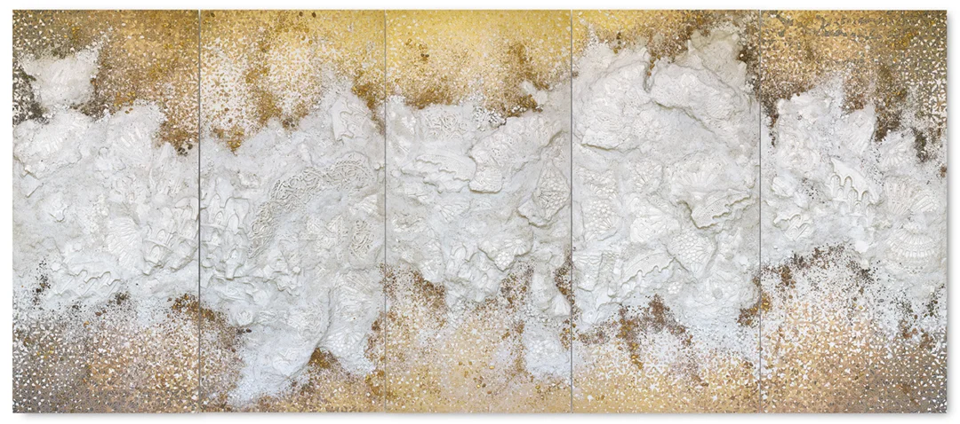 Gold 5 Panel #2, 2018 - Acrylic paint, pigments, styrofoam, salt and gravel on wood - 190 x 435 cm - 74.8 x 171.3 in.
