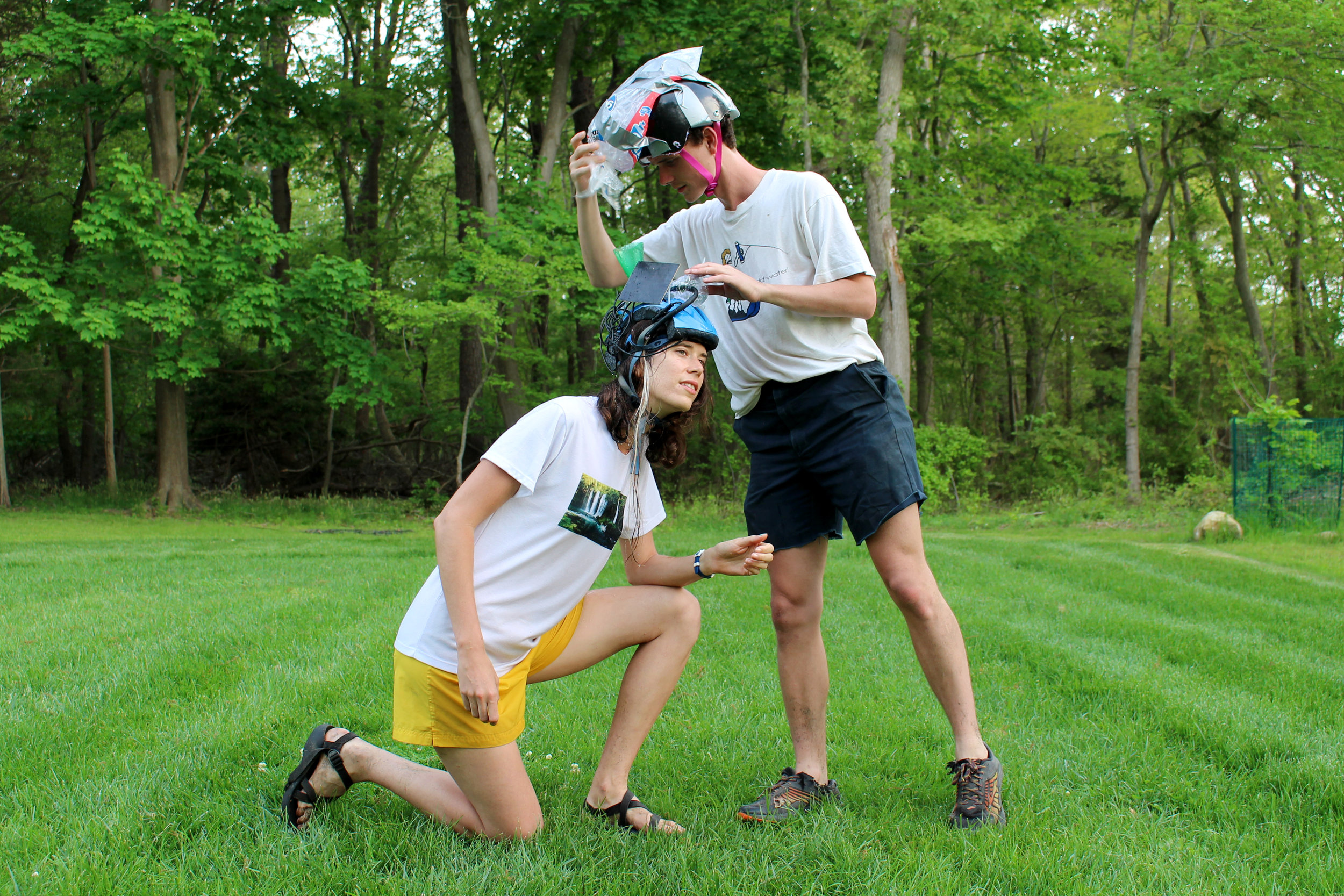  TB &amp; IJP,  Untitled performative helmets worn in conjunction with Skarch Fountain on the occasion of Portia di Plastica at Post Morrow Foundation,  2018 