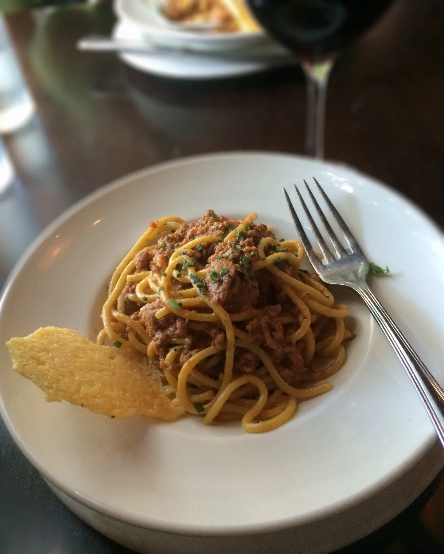 Spaghetti – Pork & Lamb Bolognese with a Grana Padano crisp. Yum!