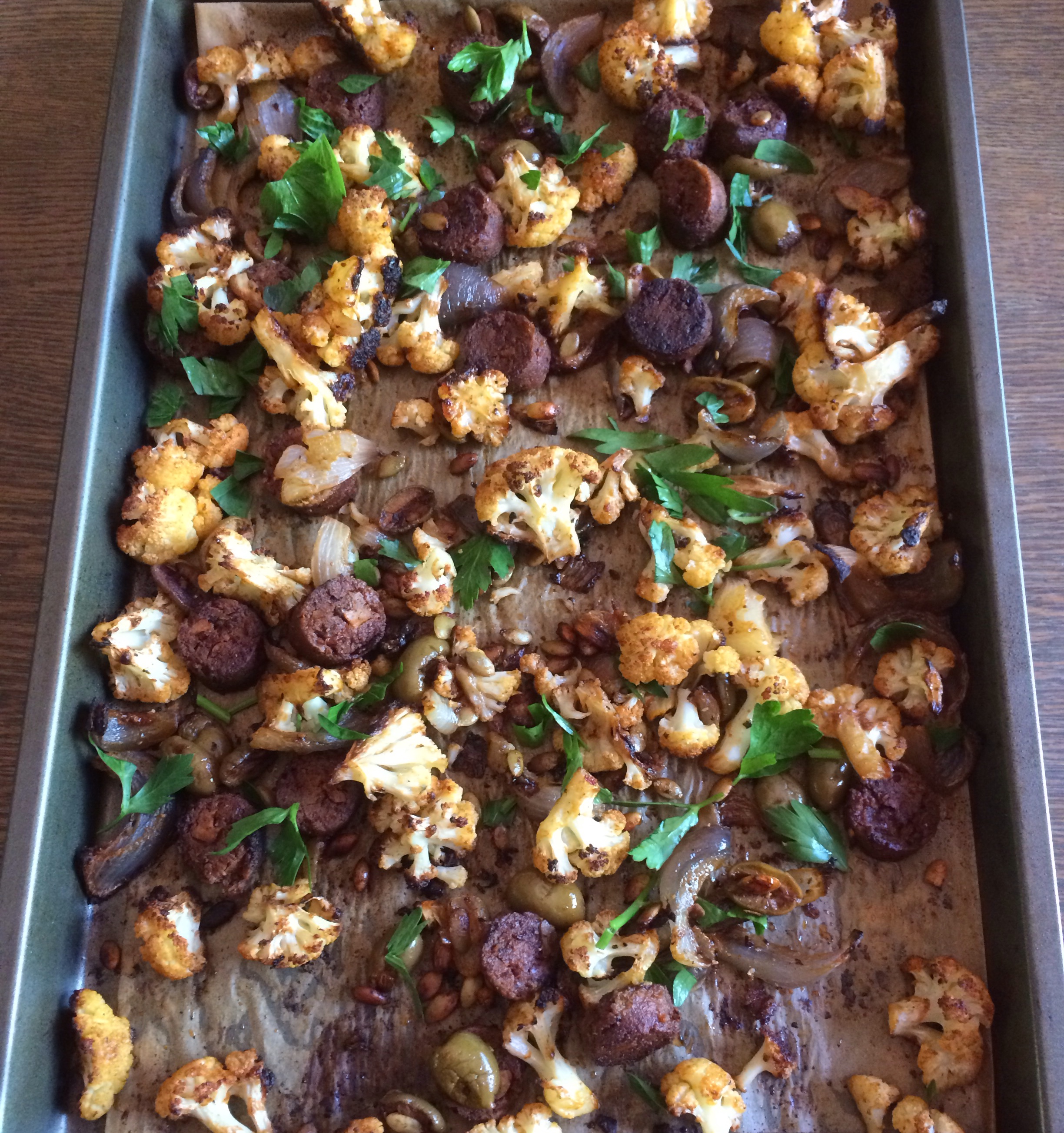 Roasted Cauliflower with Sausage & Green Olives
