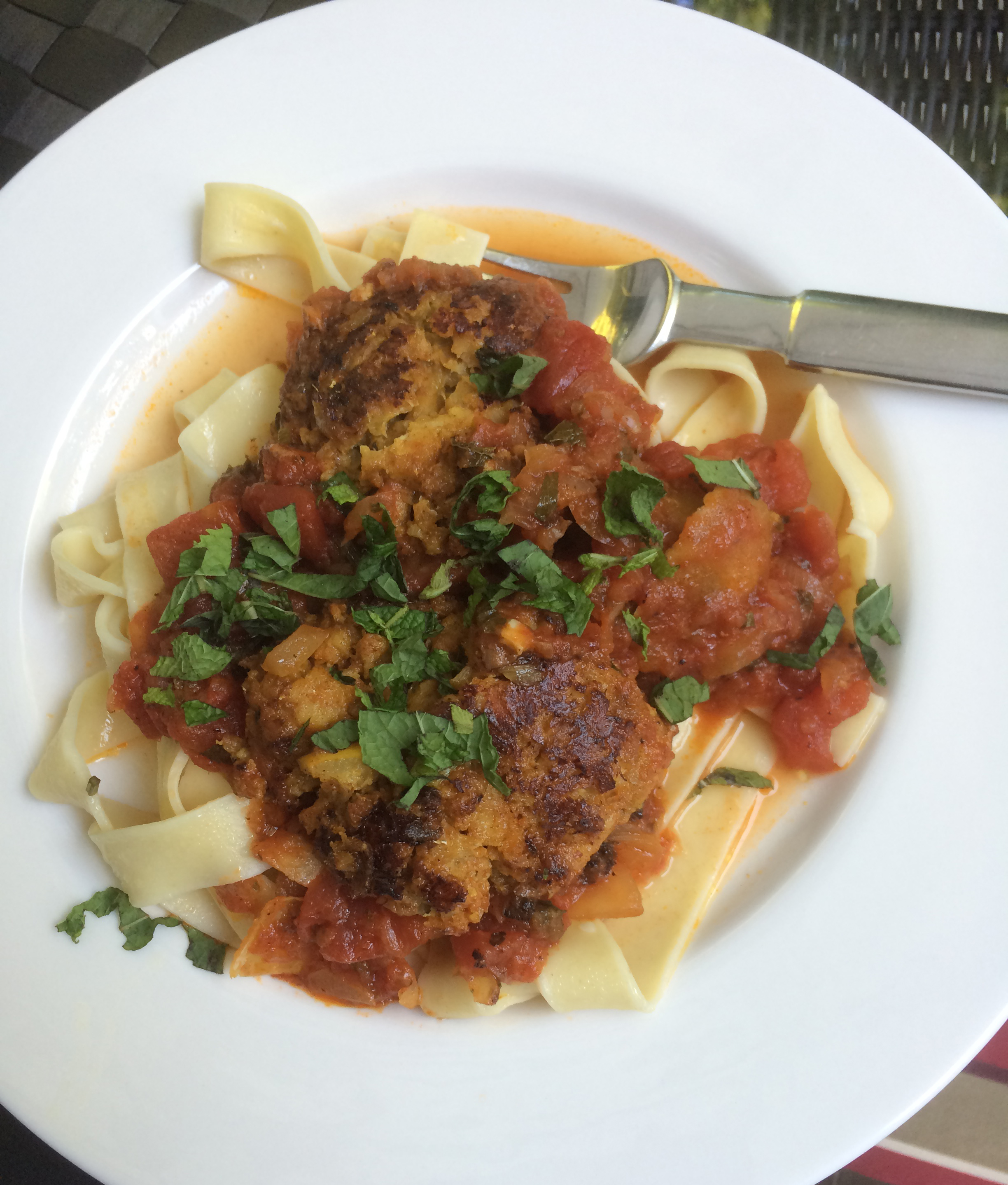 Pappardelle with Cod Cakes in Tomato Sauce