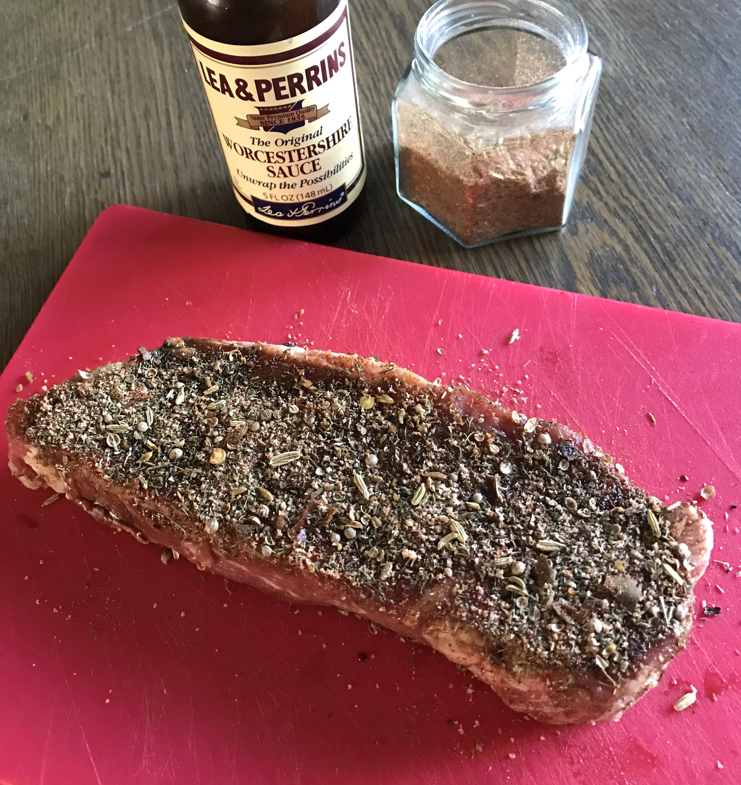 Add worcestershire and seasoning to both sides and let rest for 30 minutes.