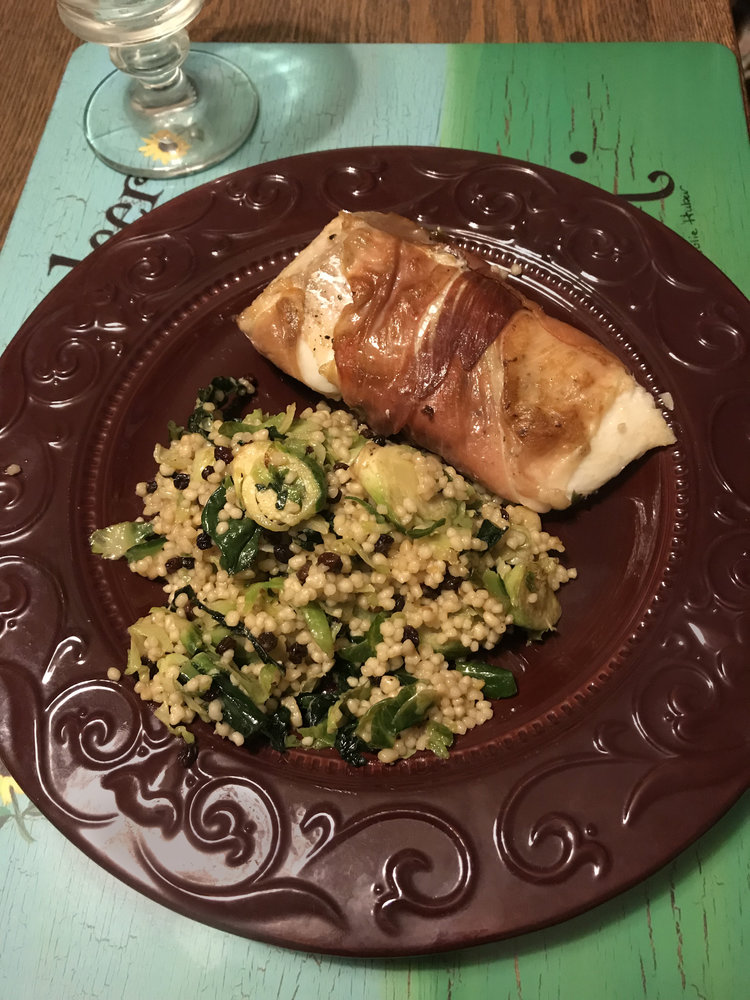 Prosciutto Wrapped Halibut with Vegetable Couscous
