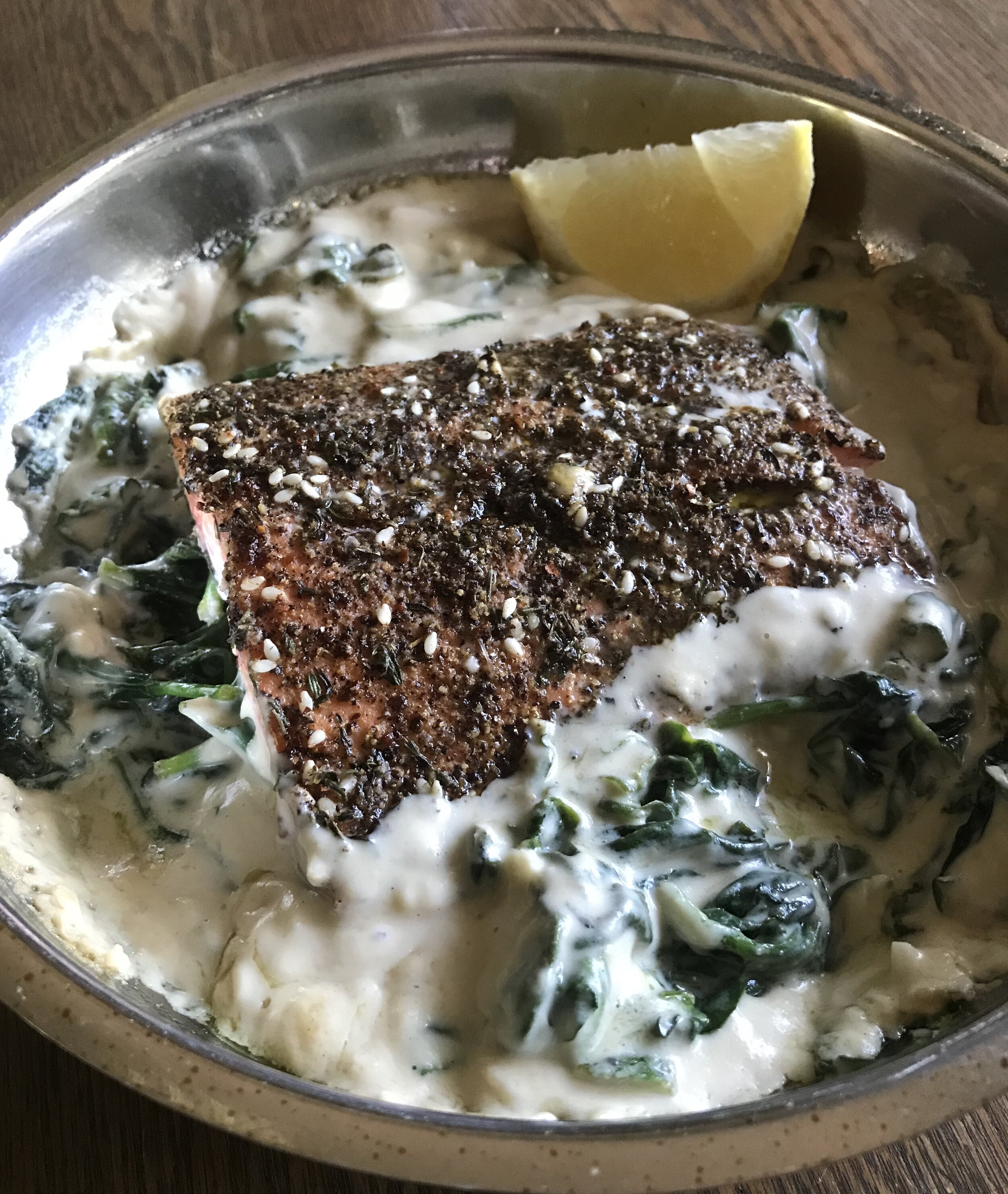 Za'atar Salmon baked in Tahini and Spinach