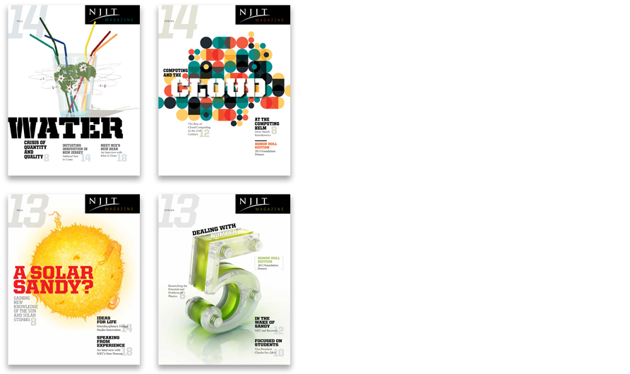 Four covers prior to the redesign: Fall 2014 (Illustrator: Mark Smith), Spring 2014 (Illustrator: Lamosca), Fall 2013 (Daniel Pyne, GettyImages), and Spring 2013 (Illustrator: John Dismukes)